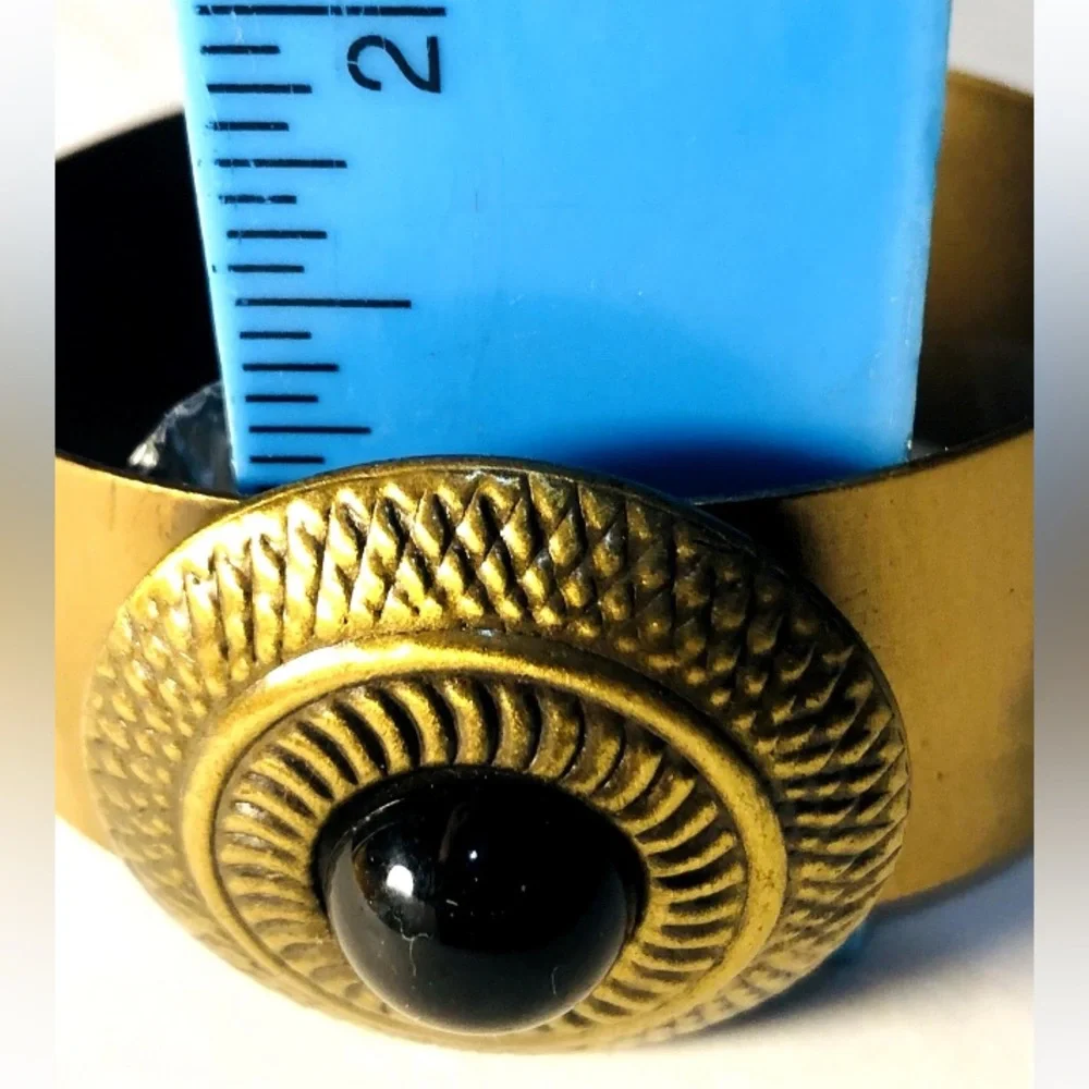 Brass Cuff Bracelet with Textured Medallion and Black Onyx Cabochon